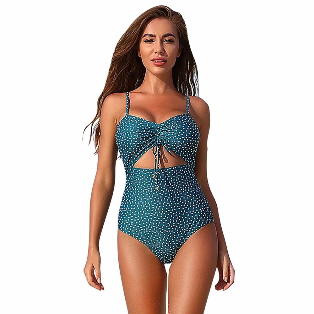 Teal Blue White Polka Dot Cutout One Piece Swimsuit Ruched Strapless L